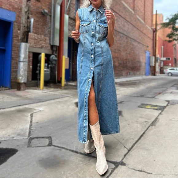 Zara (EUC)• long denim jean button front midi maxi collared split hem dress - Picture 3 of 12